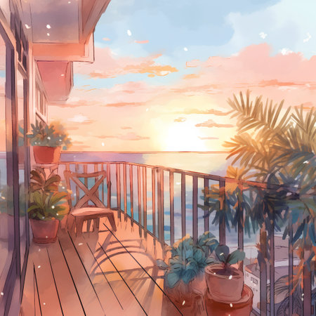 Sunset on the balcony with palm trees. Watercolor illustration.の素材
