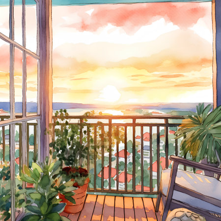 Beautiful view from the balcony at sunset. Watercolor illustration.の素材