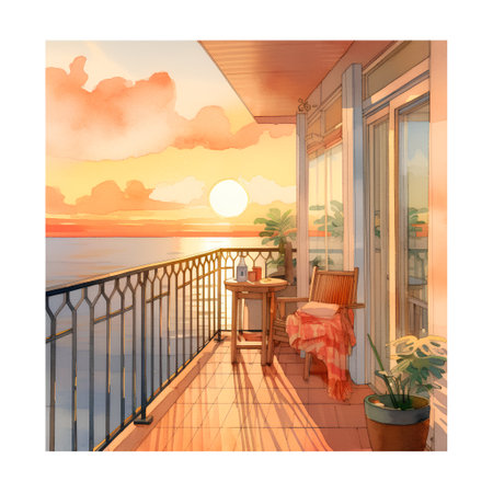Illustration of a terrace overlooking the sea with a view from the balconyの素材