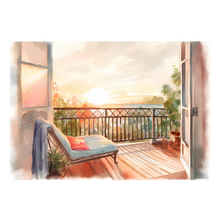 Watercolor illustration of a balcony with a view of the sunset.の素材