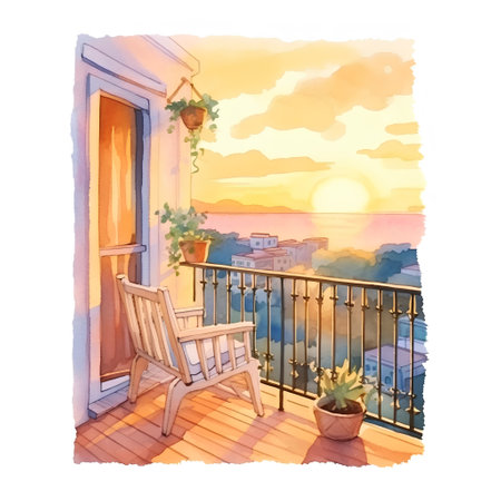 Beautiful terrace with view on the sea at sunset. Watercolor paintingの素材