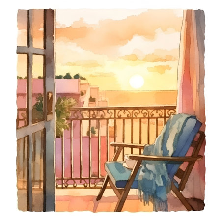 Watercolor illustration of a balcony with a chair and a view of the sunsetの素材
