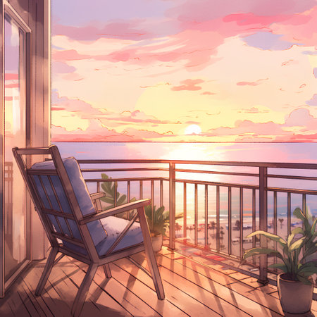 Balcony overlooking the sea at sunset. 3D illustration.の素材
