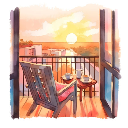 Watercolor illustration of a terrace with a view on the sunsetの素材
