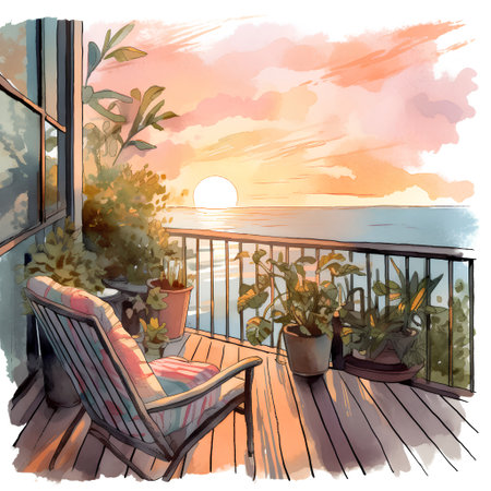 Sunset on the terrace of a villa. Watercolor illustrationの素材
