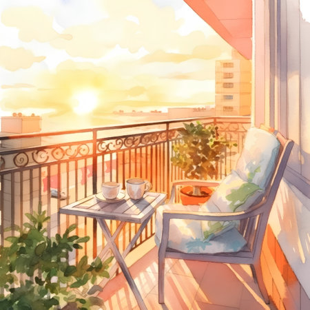 Illustration of a balcony with a view of the city and the sunの素材