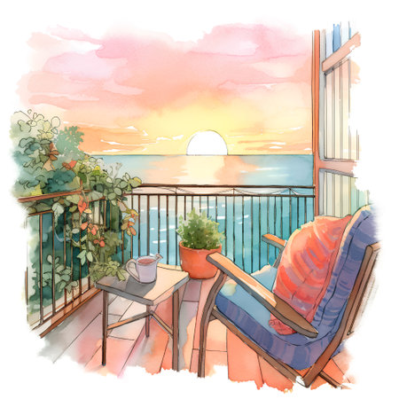 Watercolor terrace with view on the sea. Hand drawn illustrationの素材