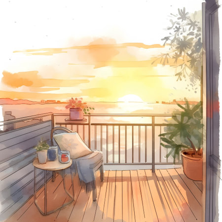 Illustration of a balcony with a view of the sea and the sunsetの素材