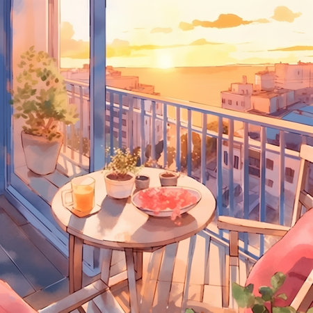 Cafe on the terrace at sunset with a view of the seaの素材