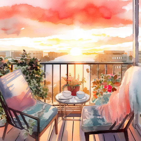 Beautiful terrace with furniture. Watercolor illustration. Hand drawn.の素材