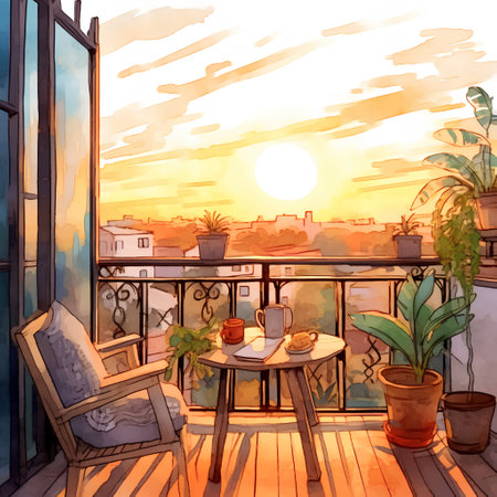 Sunset view from the terrace of a modern apartment. Watercolor illustrationの素材