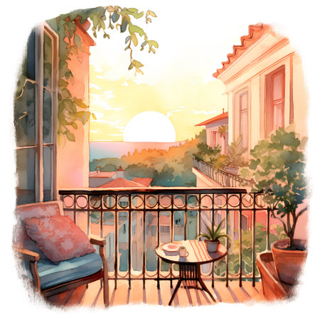 Sunset on the terrace of a private house. Watercolor illustrationの素材
