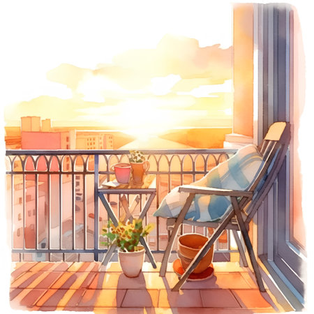 Illustration of a balcony with a chair and a vase of flowersの素材