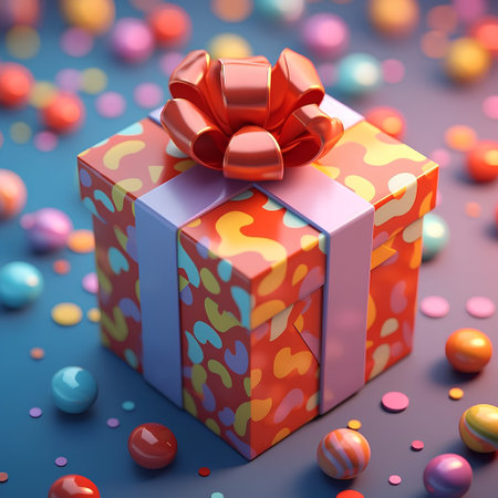 3d render of gift box with red bow and confetti on blue backgroundの素材