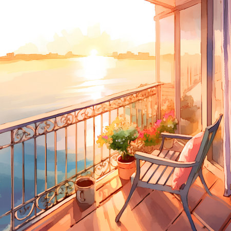 Balcony overlooking the sea at sunset. Watercolor illustration.の素材