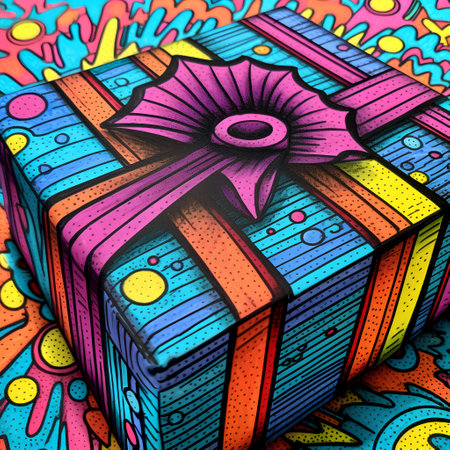 Gift box with colorful doodle pattern. Hand drawn illustration.の素材