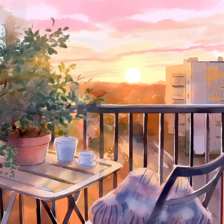 Sunset on the terrace of the house, watercolor illustrationの素材