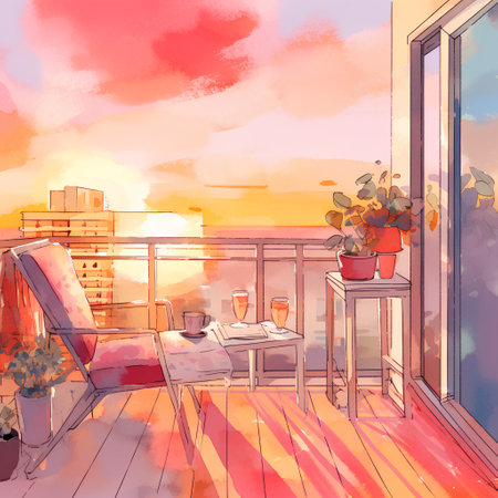 Beautiful terrace with a view of the city. Watercolor illustrationの素材