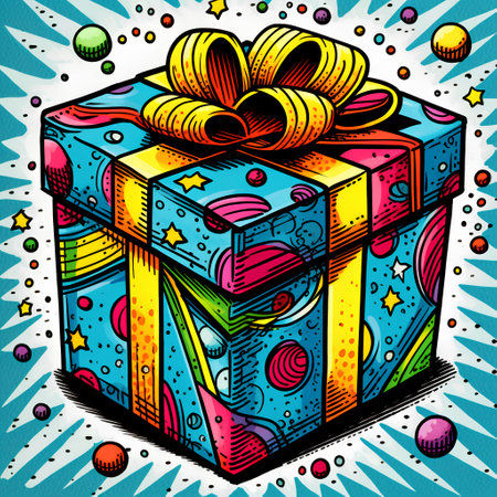 Gift box with ribbon and bow. Colorful vector illustration.の素材