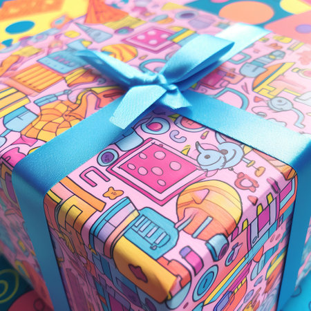 Gift box with blue bow on colorful background. 3d illustrationの素材