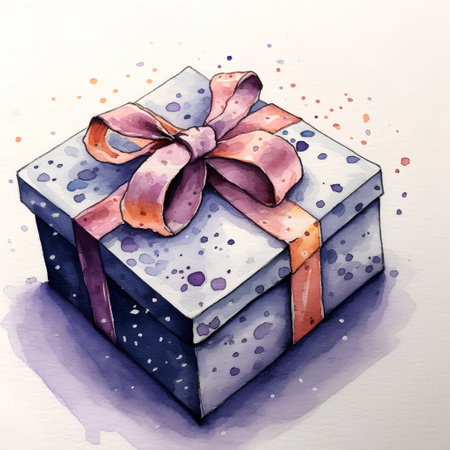Gift box with bow. Watercolor illustration on white background.の素材