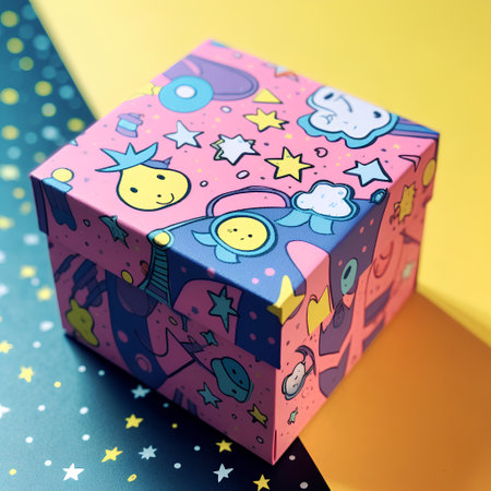 Colorful gift box on yellow and blue background. 3D illustration.の素材
