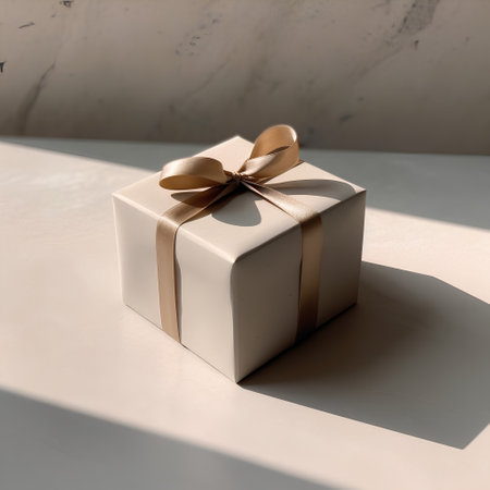 Gift box with gold bow on a white background. Copy space.の素材