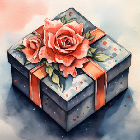 Gift box with red rose on watercolor background. Watercolor illustration.の素材