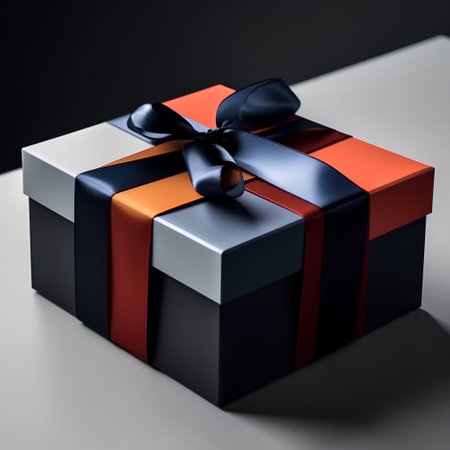 gift box with black and orange ribbon on a black background.の素材