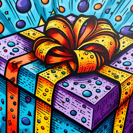 Gift box with a bow. Colorful hand drawn illustration.の素材