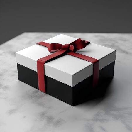 Black and white gift box with red ribbonle background. 3d renderの素材