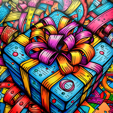 Gift box with ribbons and bows on colorful background. Hand drawn illustration.の素材