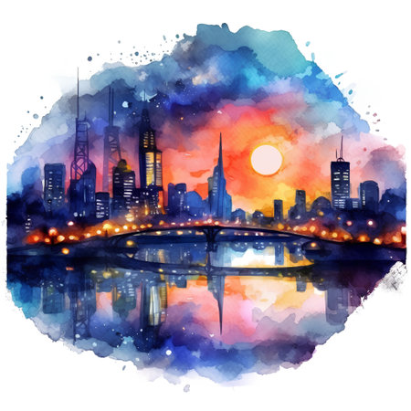 Watercolor illustration of Shanghai skyline in the evening, China. Digital art painting.の素材