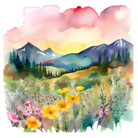 Watercolor landscape with mountains, meadow and flowers. Hand drawn illustrationの素材
