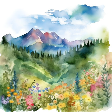 Watercolor landscape with mountains and flowers. Hand drawn illustration for your designの素材