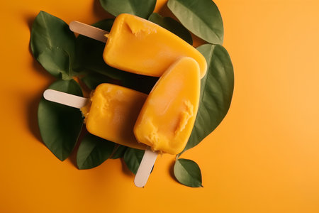 Homemade popsicles with mango and mint leaves on orange background.の素材