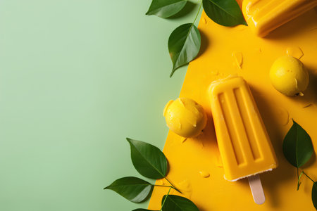 Homemade lemon ice cream on yellow and green background. Flat lay, top view.の素材