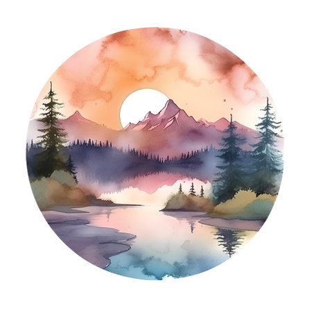 Watercolor landscape with mountains, forest and lake. Hand drawn illustrationの素材