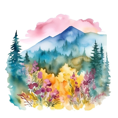 Watercolor mountains and flowers. Hand drawn illustration isolated on white background.の素材