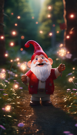 Santa Claus with sparklers in the forest. 3d illustration.の素材