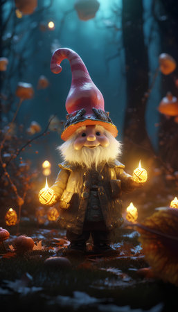 3d illustration of a gnome in the forest with lanternsの素材