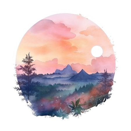 Watercolor landscape with mountains, forest and sunset. Hand drawn illustrationの素材