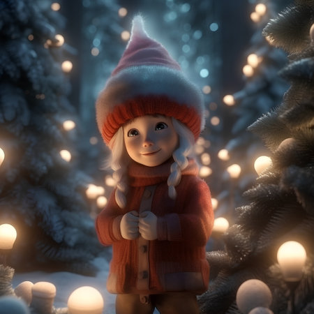 Christmas doll in a red sweater and hat on a background of a winter forestの素材