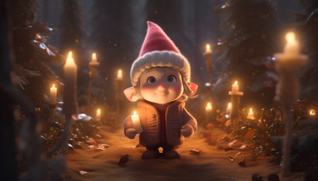 Little Christmas elf in the forest. 3d illustration. Festive background.の素材