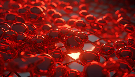 3d rendering of molecule structure in red color. Abstract background.の素材