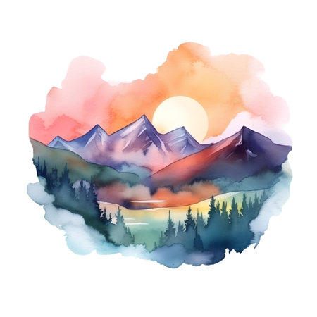 Watercolor landscape with mountains, forest and lake. Hand drawn illustrationの素材