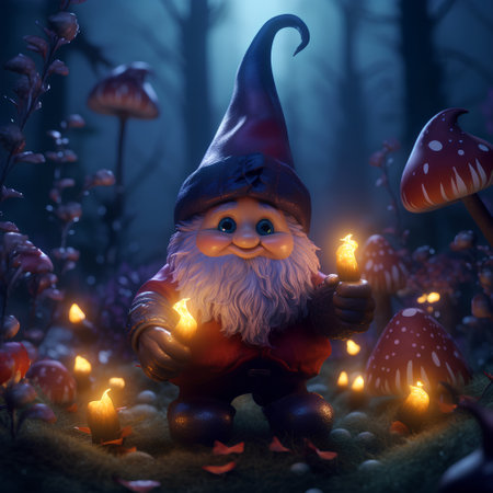 3d illustration of a gnome with a burning candle in the forestの素材