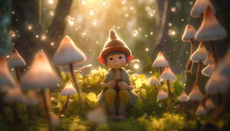 Little gnome sitting on the ground in the forest. 3d rendering.の素材