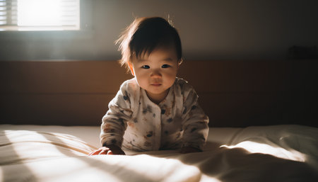 Asian baby girl sitting on the bed in the morning with sunlight.の素材