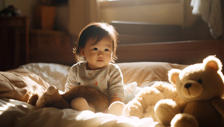 Cute asian baby playing with teddy bear on the bedの素材